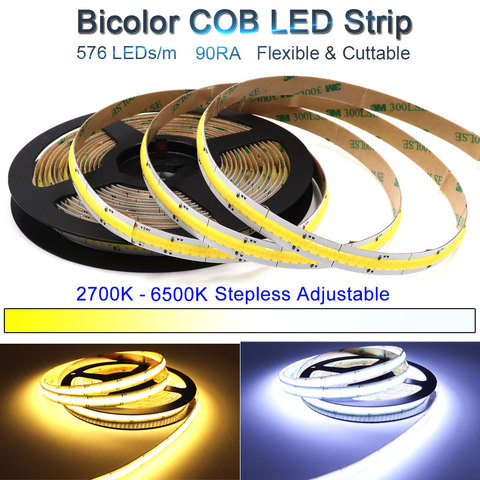 2700-8000K Dimmable Bicolor LED COB Strip with Sticker 12V 24V FCOB Flexible Bar Lights CRI 90 Yellow Cool White for Decorating ► Photo 1/6