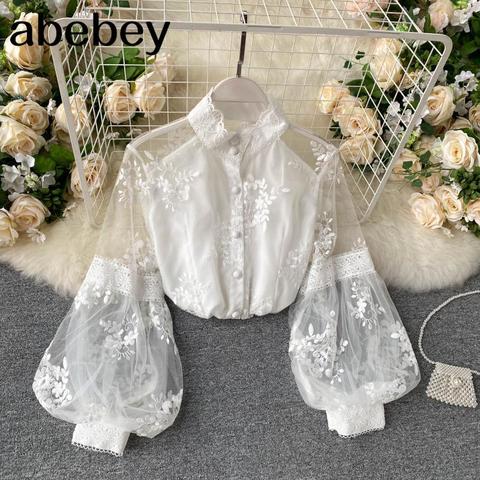 Lady Retro Mesh Lace Tops Women's Stand Collar 3D Embroidered Long Lantern Sleeve Court Slim Shirt Elegant Blouse P298 ► Photo 1/1