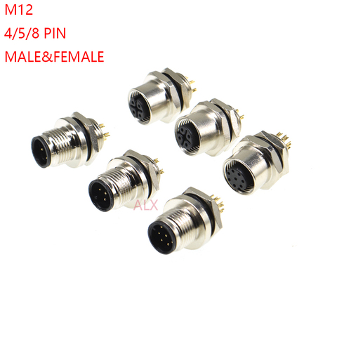 M12 waterproof sensor connector male & female socket 4/5/8 pin panel back Mount wire cable connector Screw Threaded coupling ► Photo 1/5