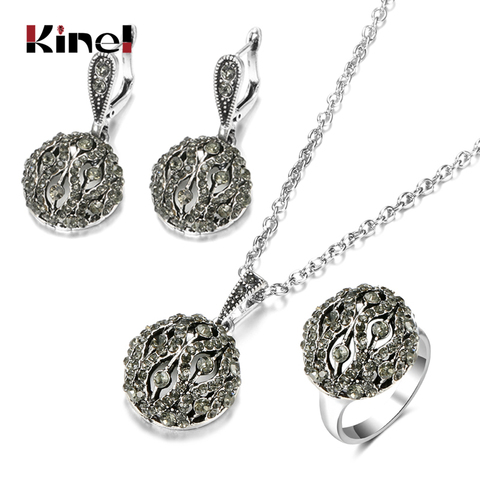 Kinel Vintage Jewelry Set Bohemian Hollow Crystal Flower Drop Earring Pendant Necklace For Women Long Chain Ethnic Rings Gifts ► Photo 1/6