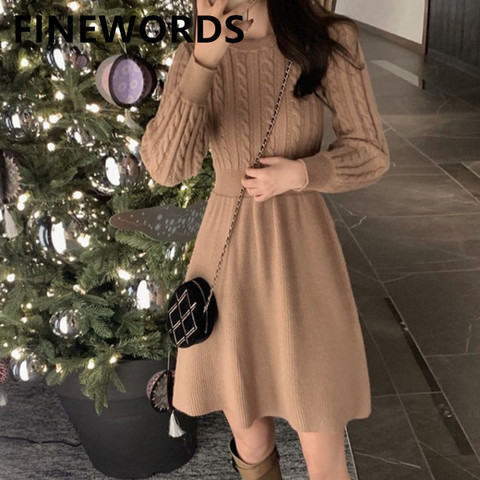 FINEWORDS Korean Chic Brown Winter Knitted Ladies Dresses Stretch A Line Vintage Christmas Dress Warm Long Sleeve Sweater Dress ► Photo 1/6