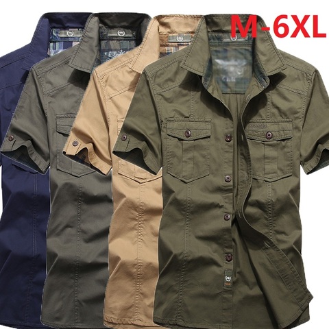 M-6XL Big Plus Size Men's Summer Short Sleeve Cargo Shirts military Shirts Breathable Cool 100% Cotton camisa social masculina ► Photo 1/6