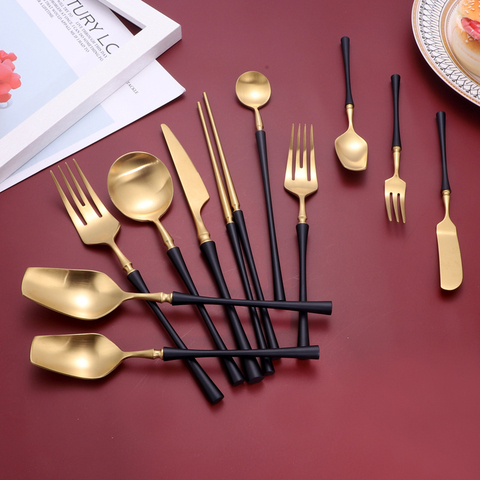 Black Gold Cutlery Set Stainless Steel Dinnerware Set Silverware Tableware Dinner Spoon Fork Knife Chopsticks Dropshipping ► Photo 1/6