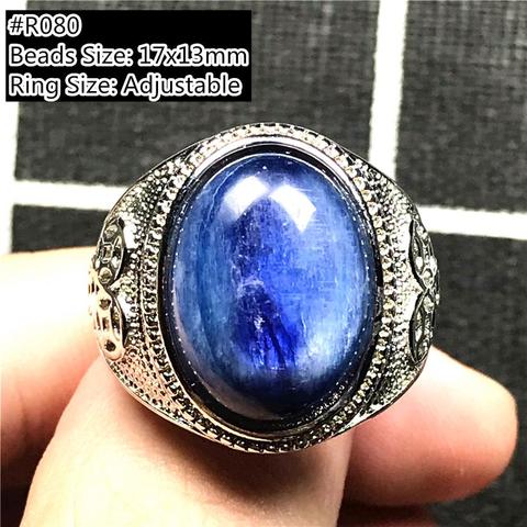 Genuine Natural Blue Kyanite Crystal Ring Jewelry For Men Oval Beads Luck Love Cat Eye Stone Silver Adjustable Size Ring AAAAA ► Photo 1/6