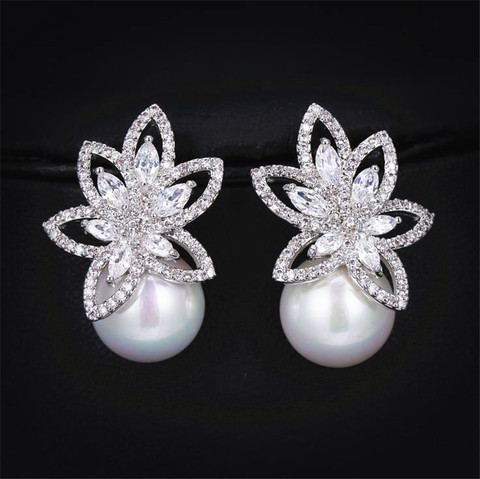 Fashion Imitation Pearl Wedding  Jewelry Elegant Zircnia Crystals Stud Earrings For Women Patry Dress Accessories CE1858 ► Photo 1/6