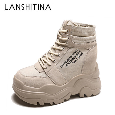 2022 New Autumn Boots Women High Platform Sneakers 12CM Height Increasing Ankle Boots Thick Sole Breathable Canvas Shoes Woman ► Photo 1/6