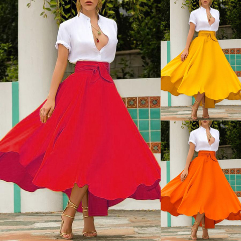 Women's Solid Color High Waist A Line Skirt Fashion Slim Waist Bow Belt Flared Pleated Long Red Orange Yellow Gypsy Maxi Skirt ► Photo 1/6