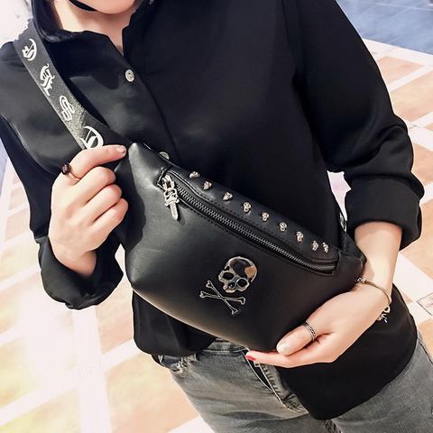 Mihaivin Rock Skull Unisex Belt Bag Rivet Chest Bag Luxury Waist Bag Women Banana Bag Punk Black Fanny Pack Leather Men Bum Bags ► Photo 1/6