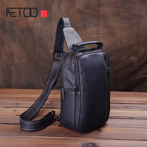 AETOO Chest bag, men's leather one-shoulder slanted bag, head leather men's sports bag, trend chest casual small pocket ► Photo 1/6