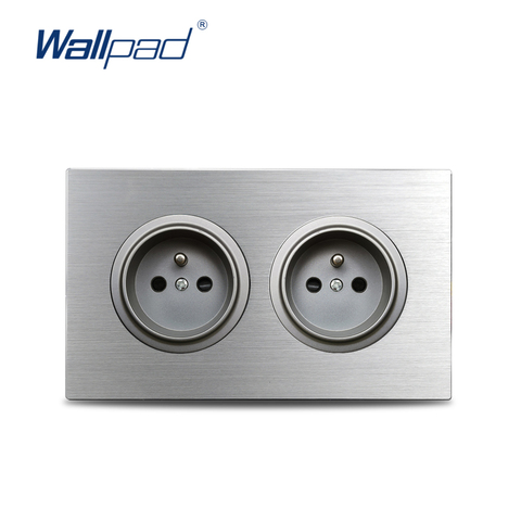 Wallpad Grey Double 2 French Wall Electric Socket Power Outlet 146* 86mm Silver Brushed Aluminum Panel Frame ► Photo 1/6