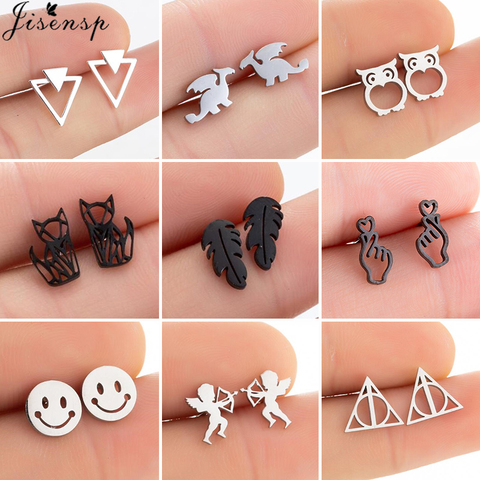 Punk Black Stainless Steel Stud Earrings for Women Men Multiple Fashion Owl Leaf Earings Deathly Hallows Ear Studs Pendientes ► Photo 1/6