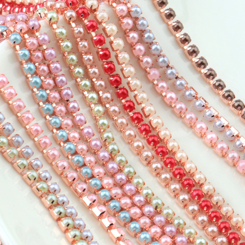 2Yard/10Yards ABS SS6/2mm 9 Colors Pearl Copper Rhinestone Chain Base Cup  Pearl Chain For Sewing DIY garment accessories trim ► Photo 1/6