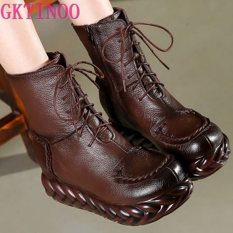 GKTINOO New Vintage Mother Flat Genuine Leather Ankle Boot for Women Cowhide Lace-Up Winter Warm Shoes Woman Platform Snow Boots ► Photo 1/6