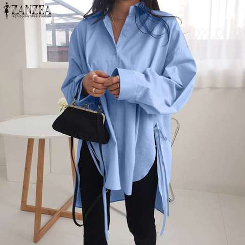 Stylish Solid Shirts Women's Asymmetrical Blouse 2022 ZANZEA Casual Lace Up Blusas Female Button Lapel Shirt Oversized Tunic 5XL ► Photo 1/6