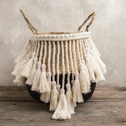 Macrame Tassel Wicker Basket Handmade Boho Decor Garden Flower Pots Study Room Storage Rattan Basket Home Organizer Woven Basket ► Photo 1/6