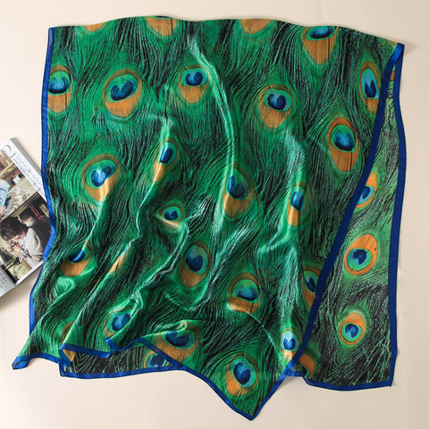 2022 Luxury Brand Animal Green Peacock Feather Silk Shawl Scarf Female Ladies Beach Bandanas Foulard Sjaal Wrap Hijab Caps ► Photo 1/6