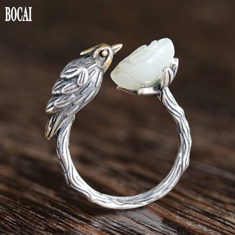 2022 new S925 sterling silver jewelry woman ring  bird natural jade flower vintage adjustable ladies ring ► Photo 1/6