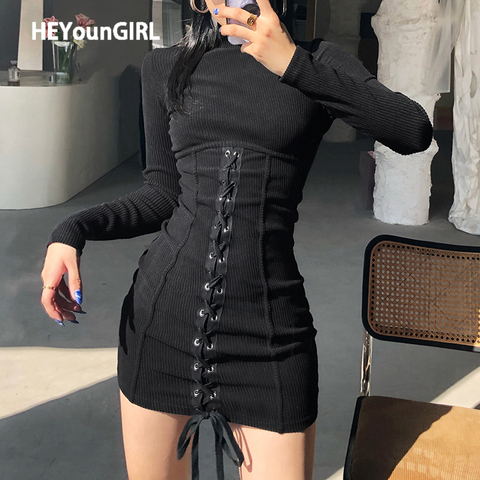 HEYounGIRL Tie Up Bandage Black Bodycon Dress Autumn Basic Long Sleeve Knitted Mini Dresses Ladies Skinny Casual Winter Fashion ► Photo 1/6