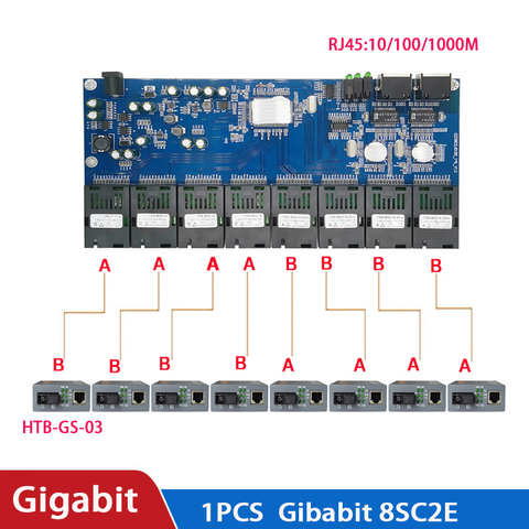 Gigabit switch Ethernet Fiber Optical Media Converter 8 Port 1.25G SC 2 RJ45 10/100/1000M PCBA board ► Photo 1/6