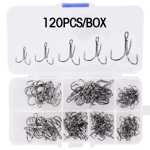 120/50pcs/lot Treble Fishing Hook In box High Carbon Steel Barbed Hooks Fishing Tackle Black/Silver/Red/Tea Fish Hook ► Photo 1/6