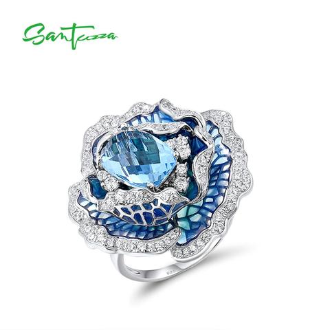 SANTUZZA Silver Ring For Women Pure 925 Sterling Silver Elegant Blue Blooming Flower Trendy anillos Fine Jewelry Handmade Enamel ► Photo 1/6