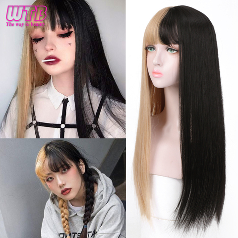 Buy Online Wtb Girls Half Black Mix Half Blonde Lolita Long Straight Cute Wigs Heat Resistant Synthetic Halloween Cosplay 60cm Wig Free Cap Alitools