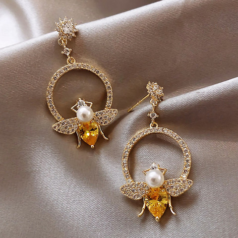 Rainbow Zircon Yellow Bee Pendant Earrings Flash Diamonds Rhinestone Pearl Earrings Lady 2022 Fashion Jewelry Christmas Gift ► Photo 1/6