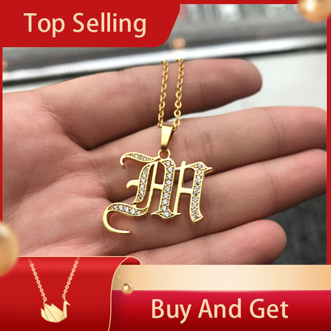 Old English Letter Necklace Zircon Initial Pendant Choker Gold Stainless Steel Chain Jewelry for Women Minimalist Accessories ► Photo 1/6