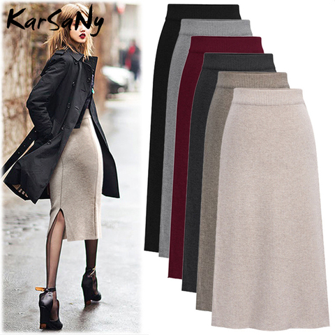 KarSaNy Autumn Winter Knit Pencil Skirt Women Plus Size High Waist Skirts Womens Knited Split Midi Skirt For Women Autumn 6XL ► Photo 1/6