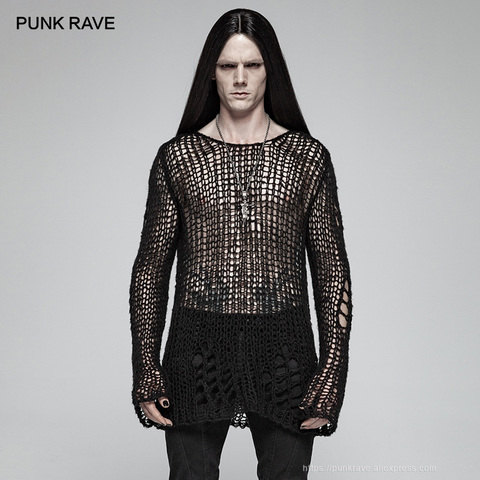 PUNK RAVE Gothic Casual Broken Hole Pullovers Personality Black loose Men's Sweater punk cosplay dark Visual Kei ► Photo 1/1