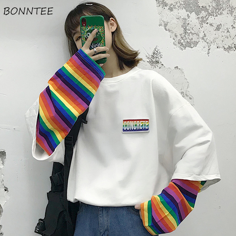 Hoodies Women Ulzzang Fake Two Pieces Sweet Rainbow Striped Womens Harajuku Hoodie Chic Patchwork White Oversized Soft Lady Tops ► Photo 1/6