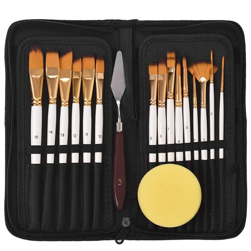 15 Pcs Paint Brush Set Oil Watercolor Gouache Painting Pop-up Carrying Case Palette Knife And Sponge Art Supplies Stationery ► Photo 1/6