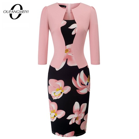 Women Autumn Elegant One-piece Formal Business Floral Printed Vintage Plus Size Lady Work Office Bodycon Pencil Dress EB237 ► Photo 1/6