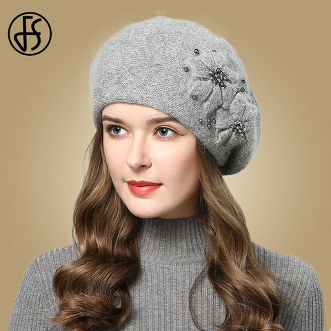 FS Winter Hats For Women Beanie Rabbit Fur 2022 Warm Knitted Hat Flower Double Layers Warm Beret Snow Caps Gorros Femme ► Photo 1/6