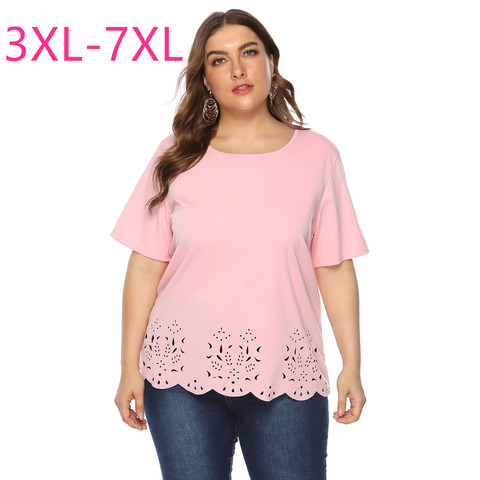 2022 new summer plus size tops for women large short sleeve loose casual hollow out O neck T-shirt pink yellow 4XL 5XL 6XL 7XL ► Photo 1/6