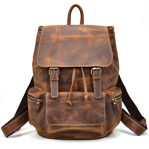 MAHEU Vintage Leather Travel Backpack Men Women Packsack Genuine Leather Knapsack Student School Bag Vintage Rucksacks 14