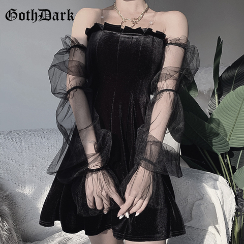 Goth Dark Mesh Vintage Gothic Dresses Egirl 2022 Aesthetic Transpanent Strap Pleated Dress Chic Punk Hip Hop Grunge Emo Y2K Chic ► Photo 1/6