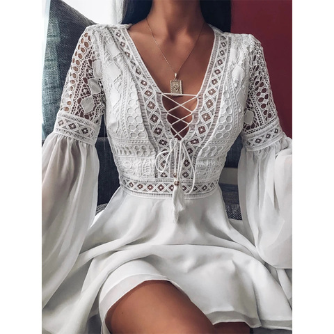 Sexi Midi Night Club Dress Lace V-Neck Mini Dress 2022 Summer Flare Sleeve Chiffon Elegant Women Hollow Out Party Dresses ► Photo 1/6