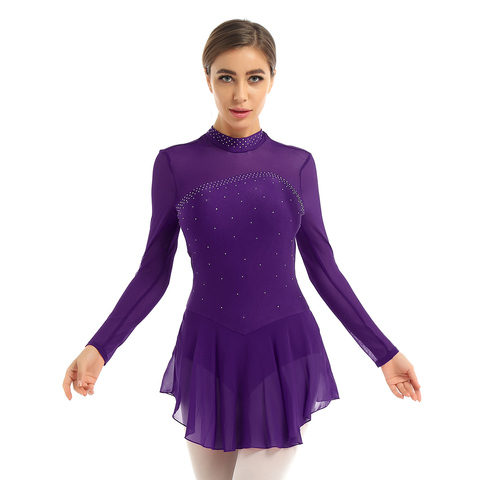 New Women Adult Figure Ice Skating Dress Shiny Rhinestones Long Sleeves Keyhole Back Roller Skating Leotard Ballet Dance Costume ► Photo 1/6