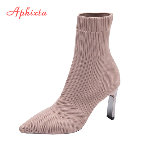 Aphixta Metal Blade Heels Socks Boots Women Stretch Fabric Elastic Stilettos Heel Pointed Toe Ankle Boots Shoes Woman Boats ► Photo 1/6