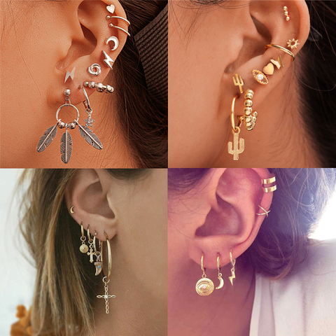 Bohemian Mixed Geometric Small Stud Earrings Set Simple Cute Ear Cuff Cactus Eye Star Moon Tiny Earrings for Women ► Photo 1/6