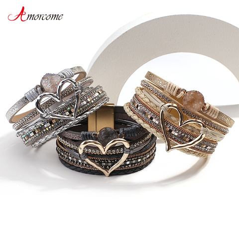 Amorcome Fashion Braided Leather Wrap Bracelets Bangles Multilayer Resin Stone Hollow Heart Charm Bracelets Women Gift Pulseira ► Photo 1/6