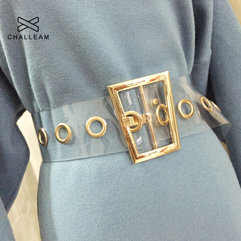Fashion Women Transparent Wide Waist Belt Female Designer Trapezoid Gold Metal Buckle Dress Laser Clear PVC Belt 235 ► Photo 1/5