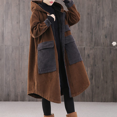 Corduroy Jacket Big Pocket Plus Cotton Thick Hooded Padded Coat Women's Autumn And Winter Loose Large Size Long Cloak Parka y950 ► Photo 1/6