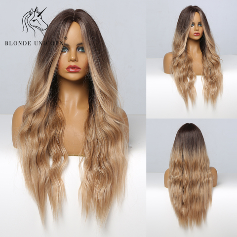 Blonde Unicorn Long Natural Wavy Synthetic Wig Ombre Brown to Blonde Wigs with Middle Part Heat Resistant Fiber Hair for Women ► Photo 1/6