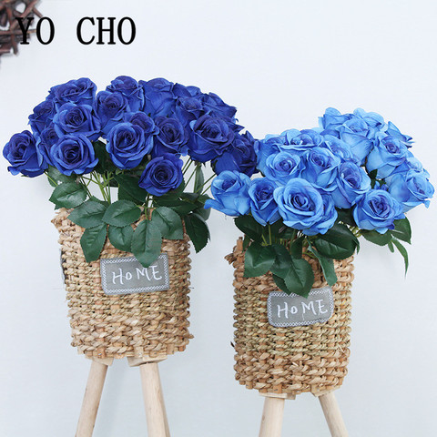 YO CHO Artificial Flower Bouquet 12 Heads Silk Rose Burgundy Blue Flower Fake Rose Bunch Wedding Party Home Table Decoration ► Photo 1/6