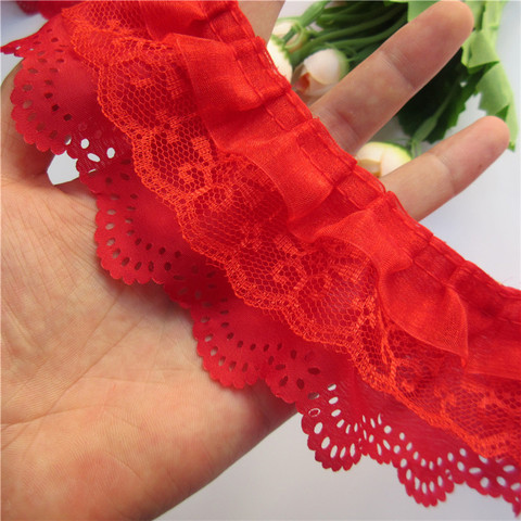 1 yard Red 3-layer Pleated Organza Lace Ribbon Gathered Mesh Fabric Handmade DIY Wedding Dress Lace Trim Sewing Craft 6.5cm ► Photo 1/6