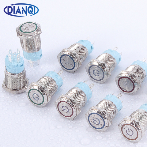 16mm metal push button switch power button Waterproof Flat circular button LED light self-lock self-reset button 1NO1NC 6V 12V ► Photo 1/6