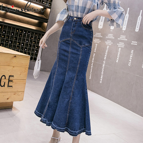 Summer 2022 Denim Skirt Women Mermaid Trumpet Long Skirt Ruffles Mid-calf Empire High Waist Jeans With Stretchy юбка B02910B ► Photo 1/5