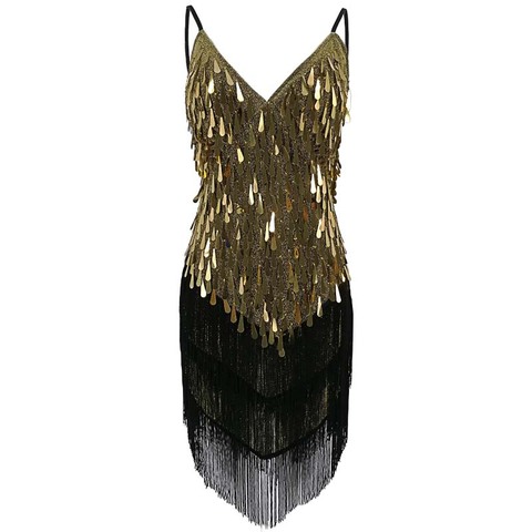 Shining V Neck Stage Costumes Latin Dance Dress Women 1920s Gatsby Fringe Flapper Backless Dress Summer Mesh Sequin Dress ► Photo 1/6